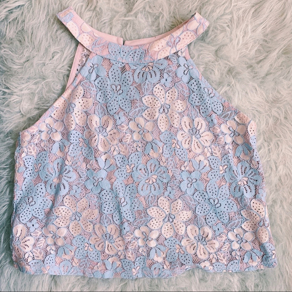 Pastel Blue Pink Lace Crop Halter Top